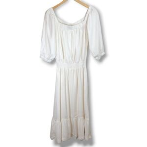 4Our Dreamers Linen Blend Peasant Milkmaid Dress Sz M Balloon Sleeves Smocked